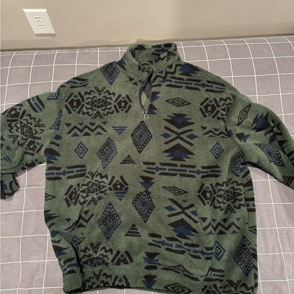 Zaful Geometric Green and Black Zip Up Sweater